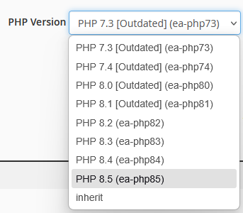 Versiones disponibles de PHP